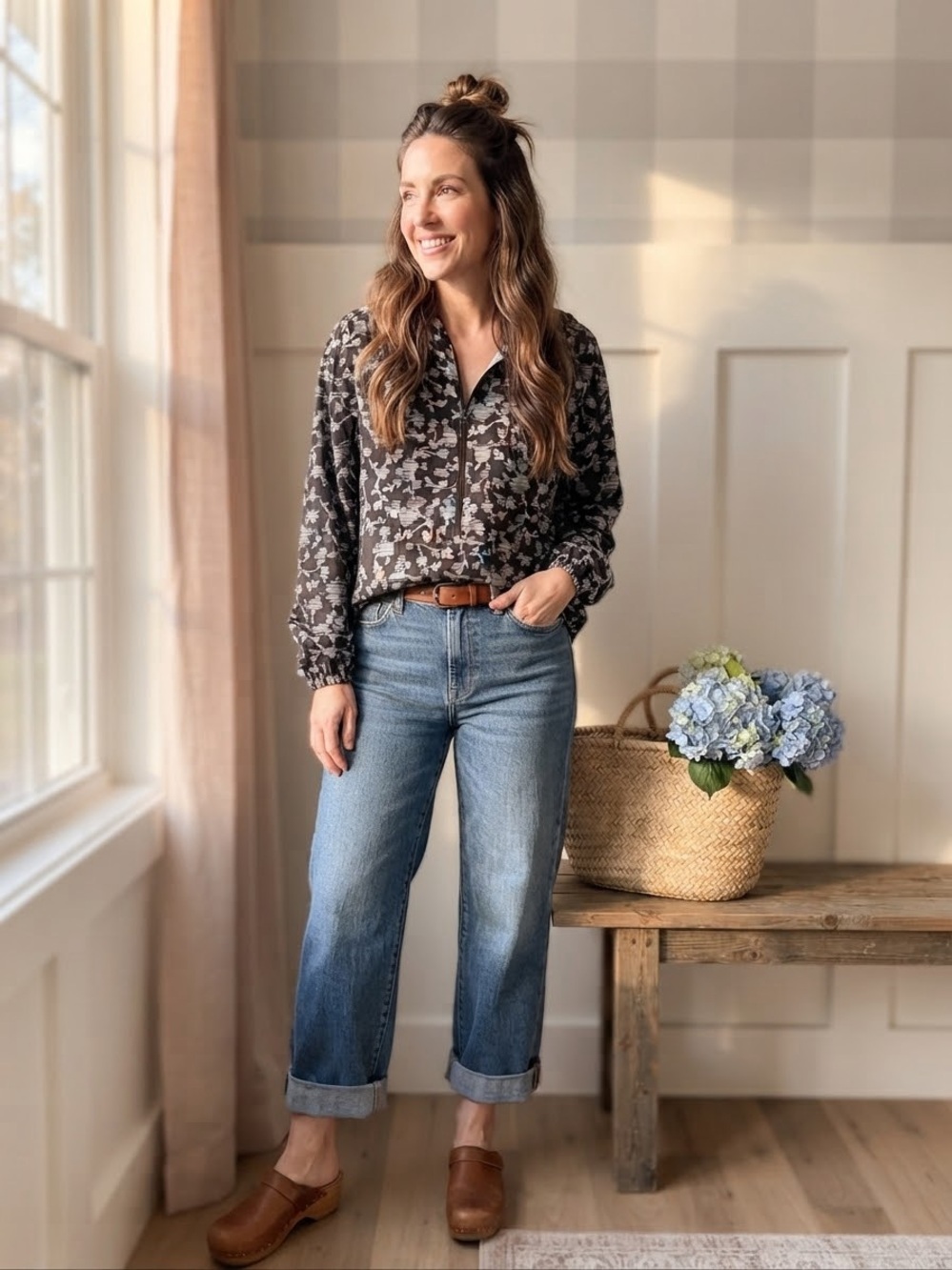 J. Jill Charcoal Floral-Print Boyfriend Jacket in Medium P